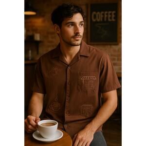 Cafe Aesthetic Embroidered Coffee Shirt Brown Vox Populi Button Up Large